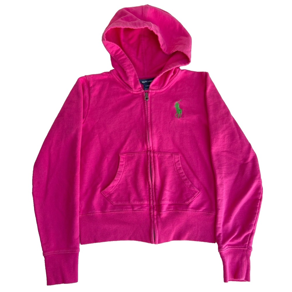 Polo Ralph Lauren Girls L 12/14 Pink Hoodie Green Big Pony Full Zip Sweatshirt